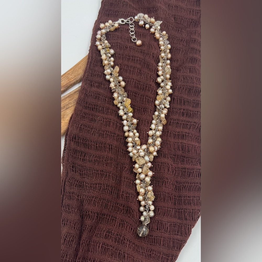 New Sterling Silver Y Necklace w/ Pearls, Citrine & Smoky Quartz Choker w/Drop
